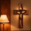 Hand-Carved Intertwined Hearts Wooden Cross Religious Hand-carved Decoration Rustic Hollow Heart Statue Wall Decor For Home