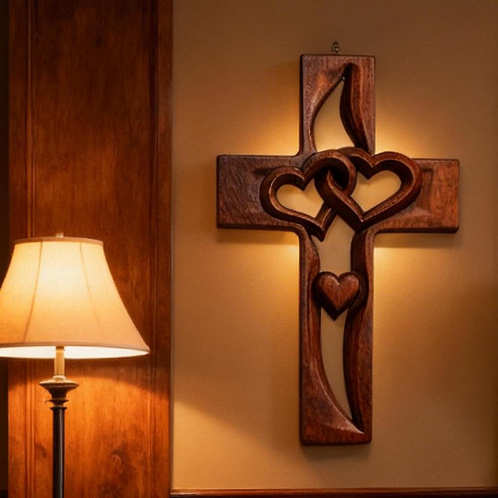 Hand-Carved Intertwined Hearts Wooden Cross Religious Hand-carved Decoration Rustic Hollow Heart Statue Wall Decor For Home