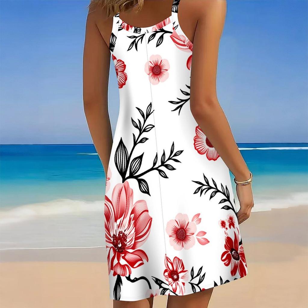 Women Plus Size Sleeveless Round Neck Dress Black Base Light Pink Palm Leaf Print Irregular Hem Loose Beach Dress