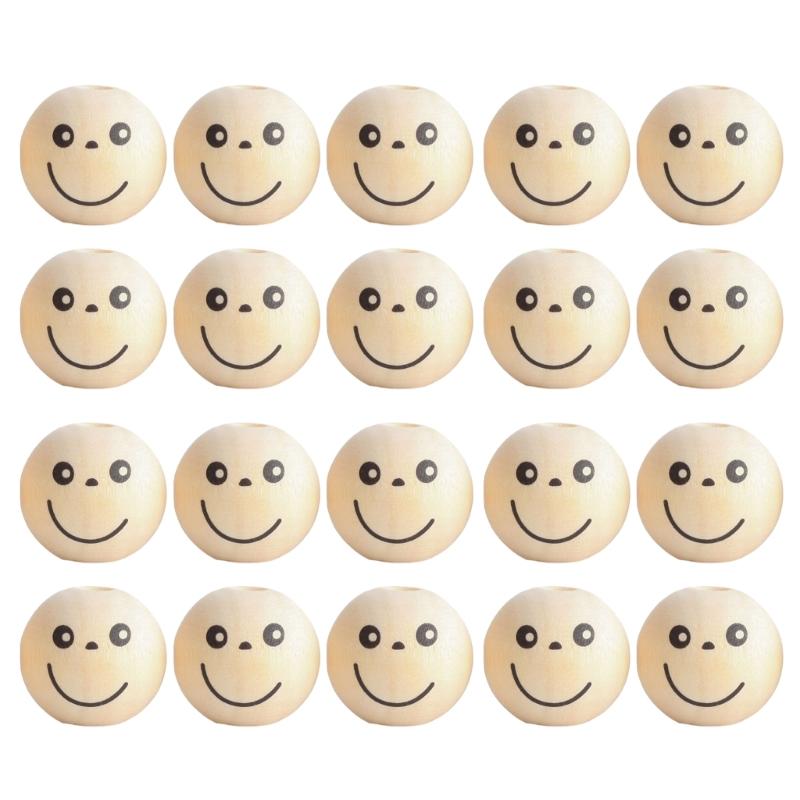 20Pcs Smiles Wood Beads Natural Wooden Beads for Crafting, Hole Round Wooden Smiles Face Beads Set for DIY Decorations