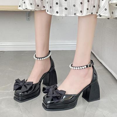 Mary Jane Female High Heels 2025 Spring Summer Women's Chunky Heel Sandals One Word Tape Big Bowknot Elegant Party Ladies Pumps