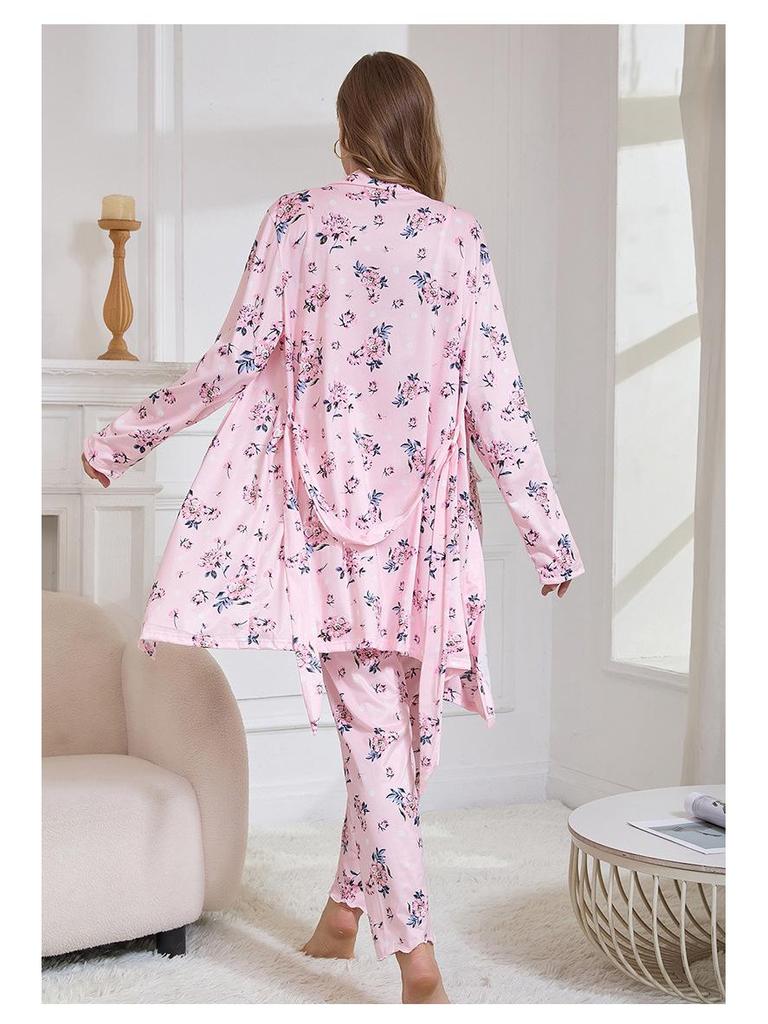 Three-Piece Pajama Set: Robe, Long Pants & Camisole In European & American Sizes
