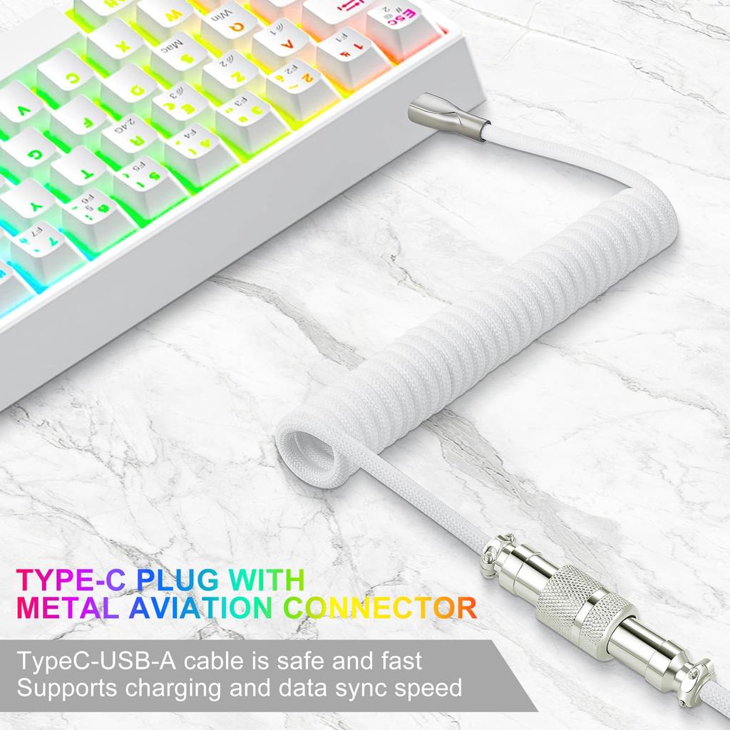 WLGQ USB C Keyboard USB C To USB A Coiled Gaming Keyboard Cable with Braided Detachable Metal Aviator Connector Double Sleeve 6 Feet Cable, Cable,