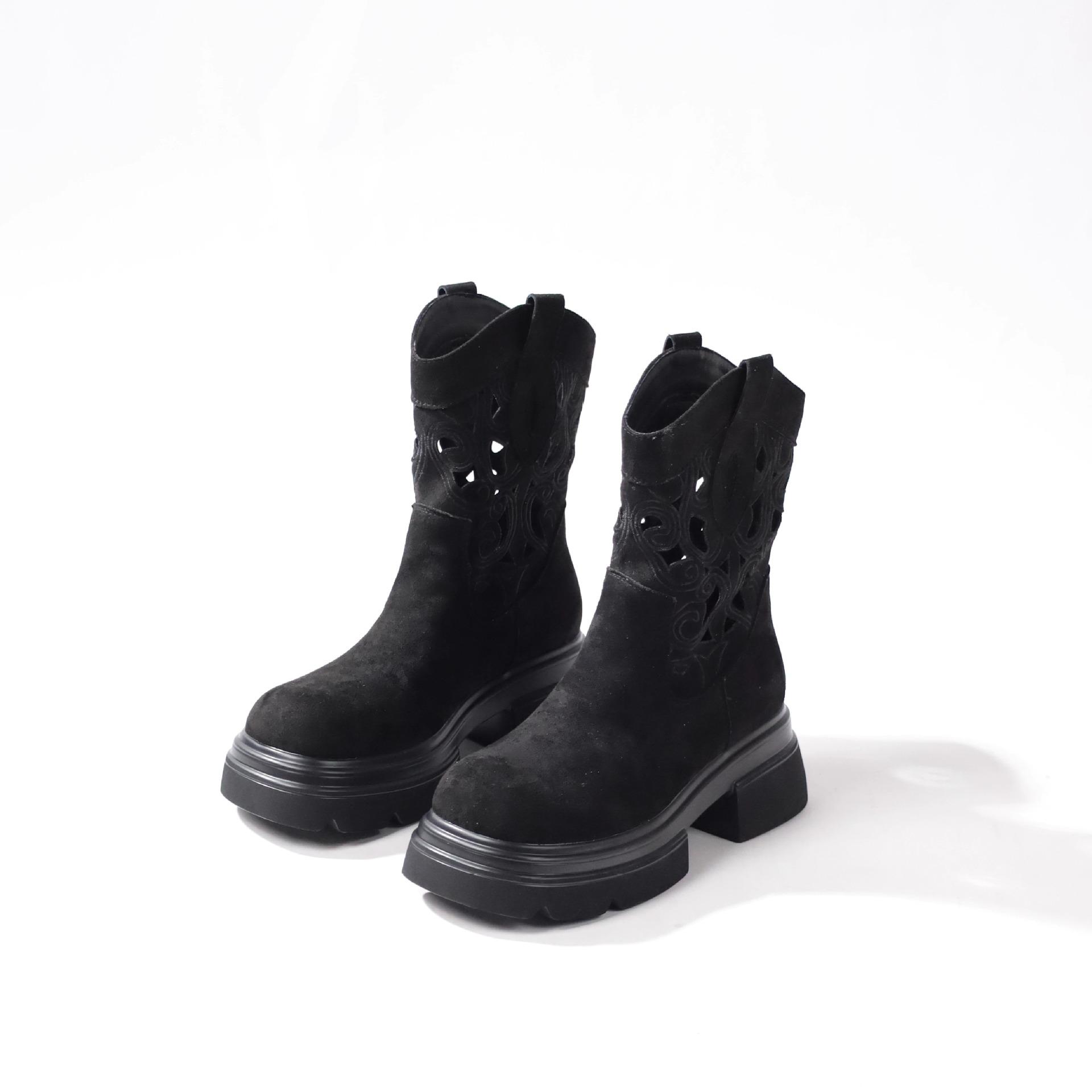 

2025 summer thin retro western cowboy boots women s hollow breathable V-port Martin boots small thick-soled short boots 35 чёрный