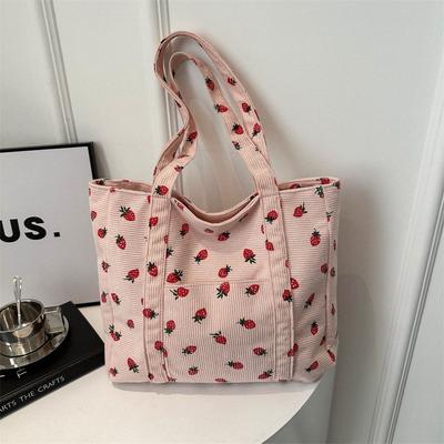 Strawberry Print Corduroy Zip Tote Shopper Handbag Shoulder Travel Bag