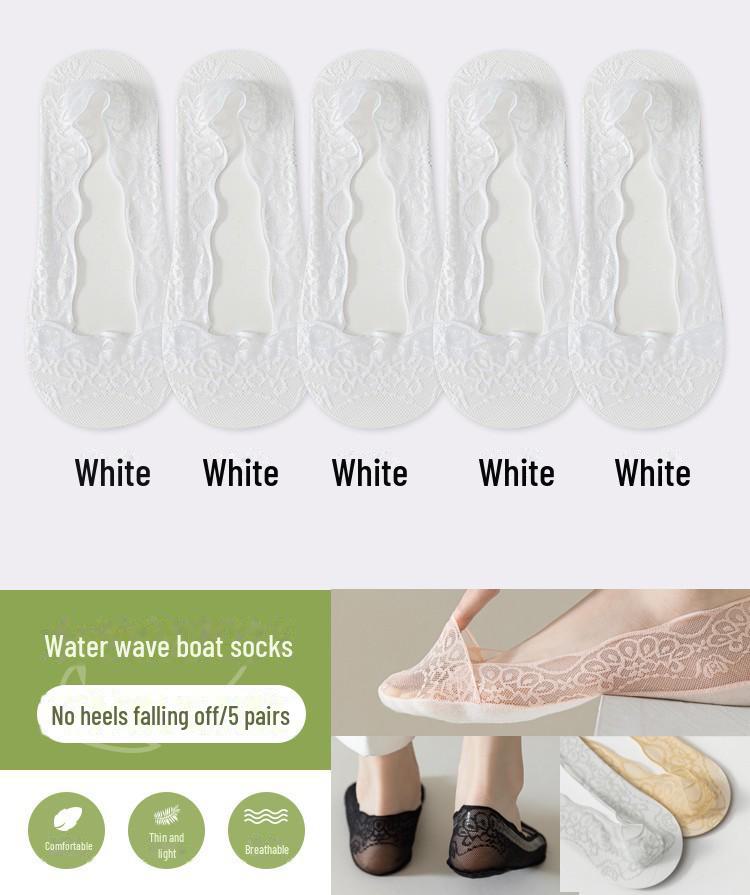 Women's Non-Slip Lace Boat Socks - Thin Summer White, Peacock Screen, Water Wave Design, Low-Top, Shallow Mouth, Ice Silk, Invisible Style.