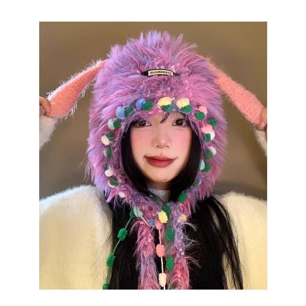 Funny Little Monster Hat Winter Cute Dopamine Plush Knitted Hat Thickened Warm Ear Protector Plush Hat