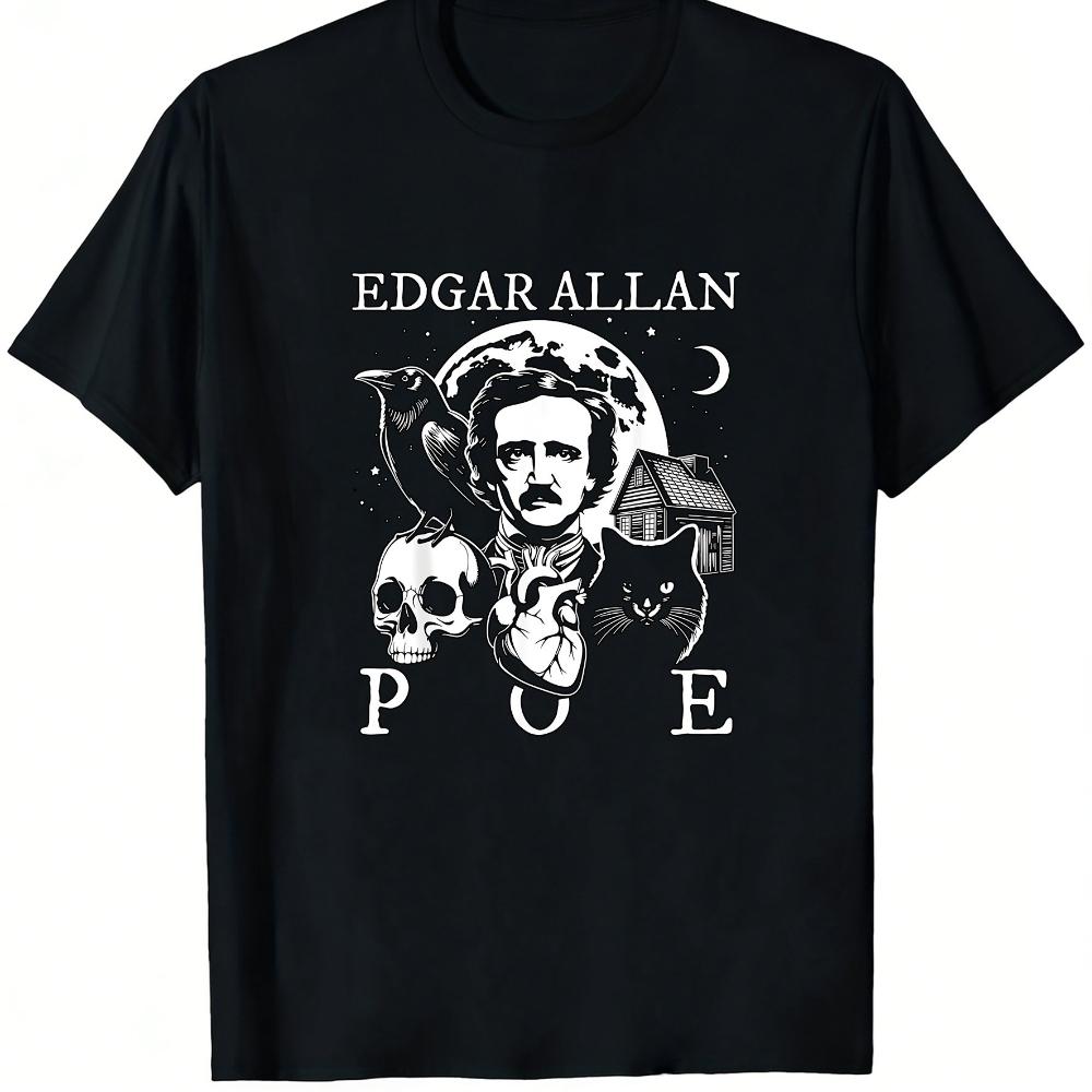 Men's Gothic Literature T-Shirt Edgar Allan Poe Raven Crow Skull Graphic Tee Black White Print