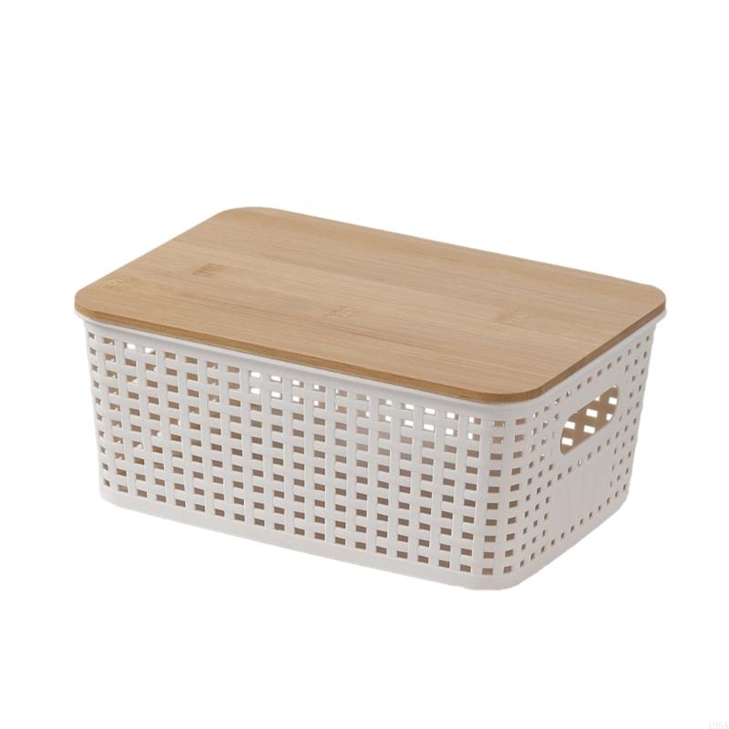 Stackable Storage Basket With Bamboos Lid Ventilated Plastic Handwoven Designs for Home Organization Toy Books