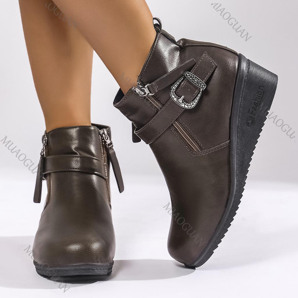 Fashion Autumn and Winter New Round Head Wedges Ankle Boots for Women Fashion Side Zip Ladies Leather Solid Color Comfortable Botines