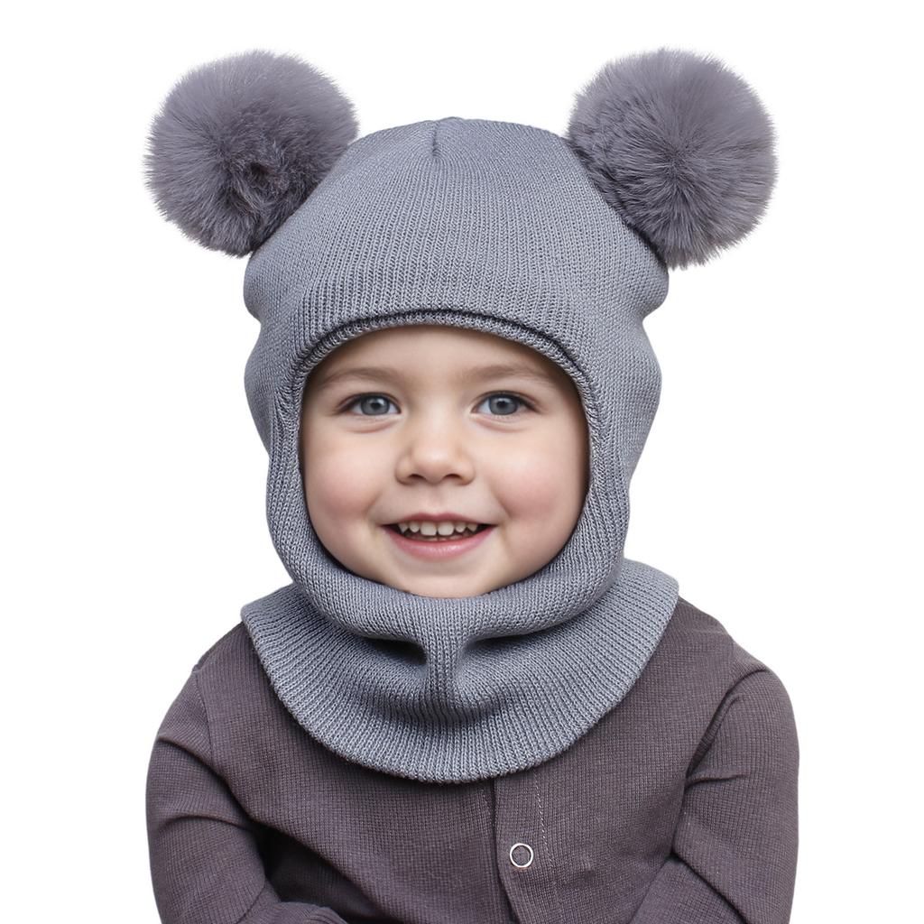 Autumn and winter children's pullover hat double ball ear protector balaclava hat boys and girls baby knitted hat wool integrated hat
