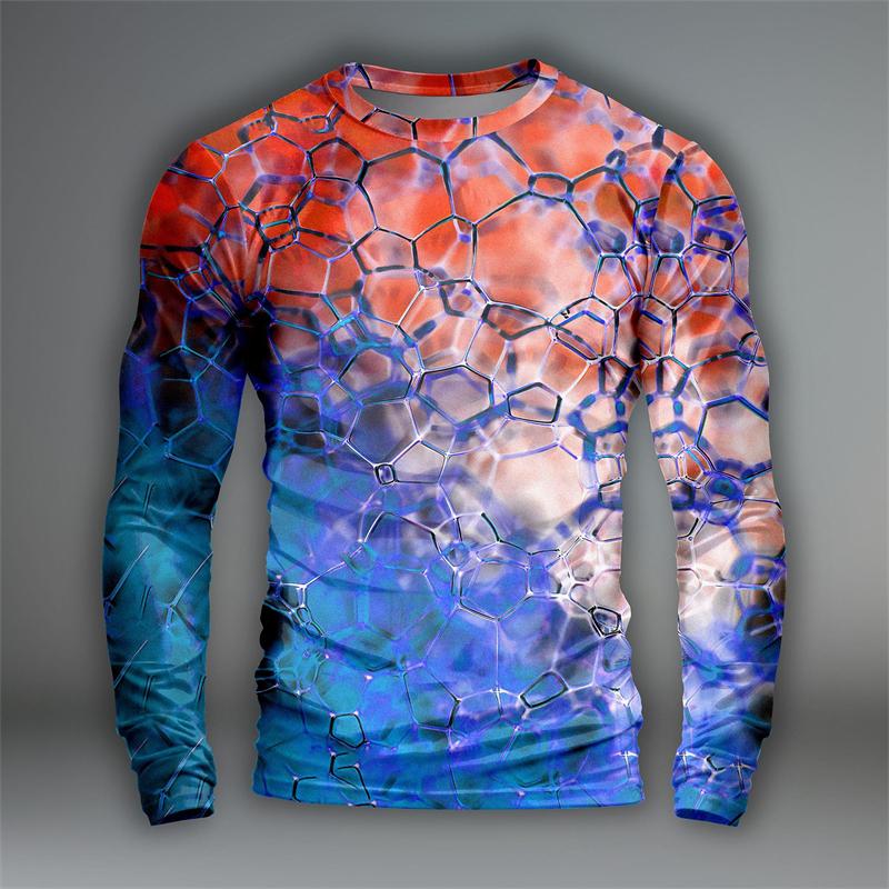 Spring and Autumn Round Neck 3D Colorful Stone Printed Top Fashionable Casual Long Sleeved Men's T-shirts