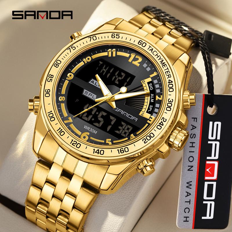 SANDA Dual Display Electronic Watch - Cool Business Waterproof Wristwatch with Live Broadcast, Teenager Alarm Clock Feature.