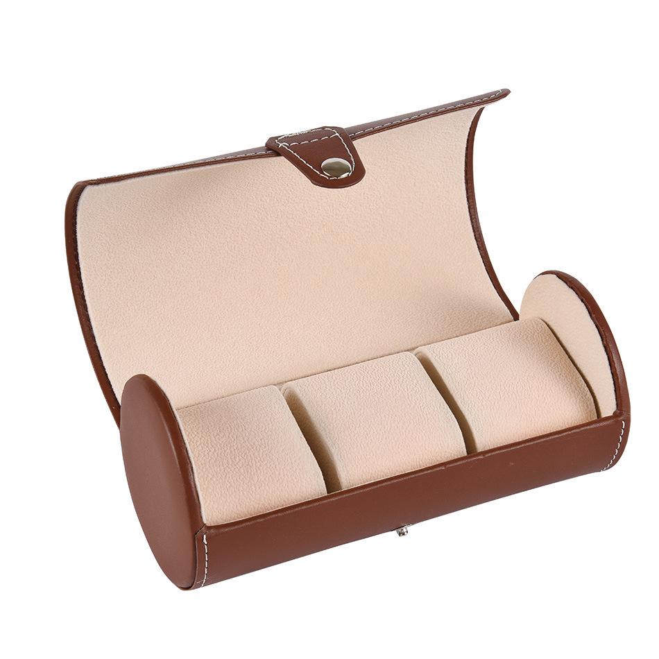 Cylindrical Wooden Leather Watch Box - 3 Slot Compact Storage & Display