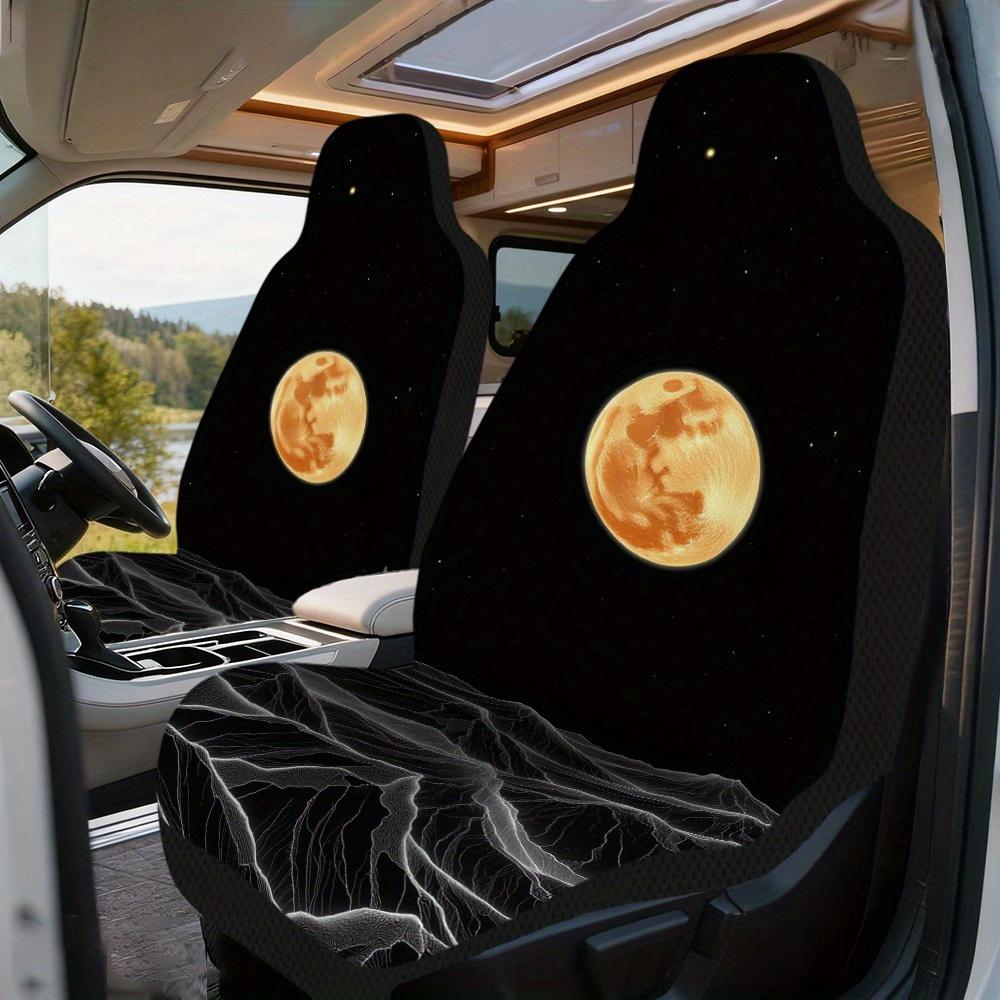 2pcs Golden Moon Mountains Night Sky Pattern Car Seat Covers | Washable, Easy To Install, Universal Fit For Sedan And SUV Front