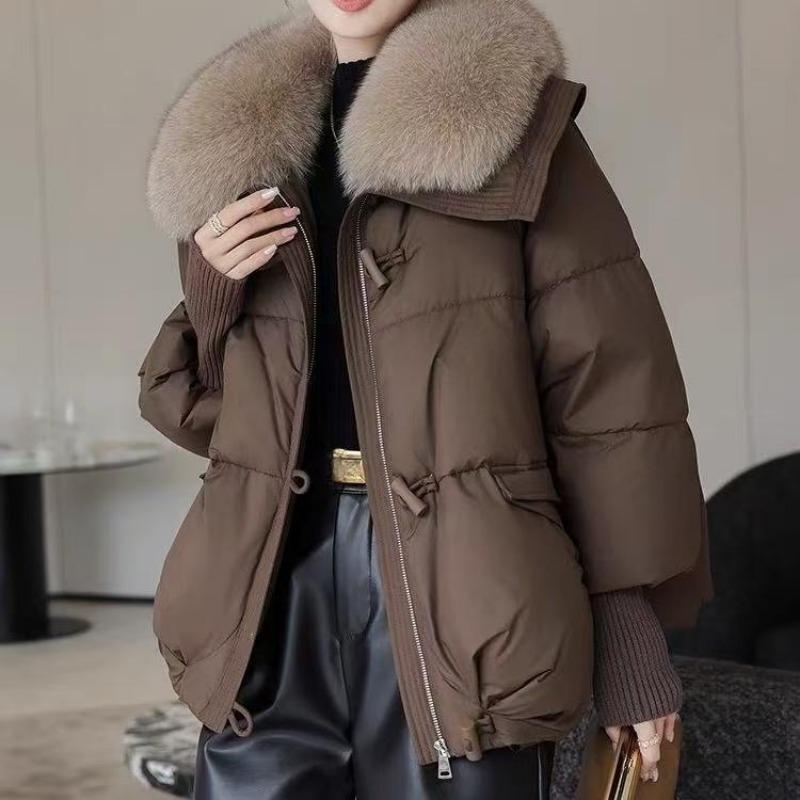 Women's Winter Down-Filled Coat - Short Style Loose-Fit Cotton Jacket with Oversized Fur Collar and Thickened Lining