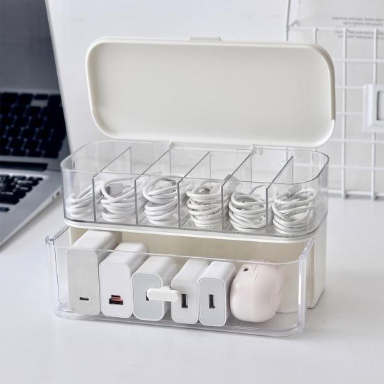 Stackable Cable Organizer Storage Box Double-Layer Plastic Storage Case with Lid Wire Management Box with Drawer for Cords Chargers Jewelry Hair Ties