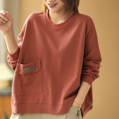 Outono Mulheres Moda Simples Casual Oversize Streetwear Algodão Moletom Y2K Feminino O Pescoço Manga Longa Sólido Bolso Pulôver Tops