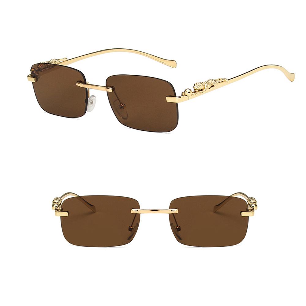 Rimless Rectangle Sunglasses Retro Clear Ocean Lens Sun Glasses Cheetah Decoration Shades UV400 Eyewear for Women Men