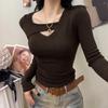 Women's Coffee V-Neck Long-Sleeve Slim Fit Top with Velvet Layer