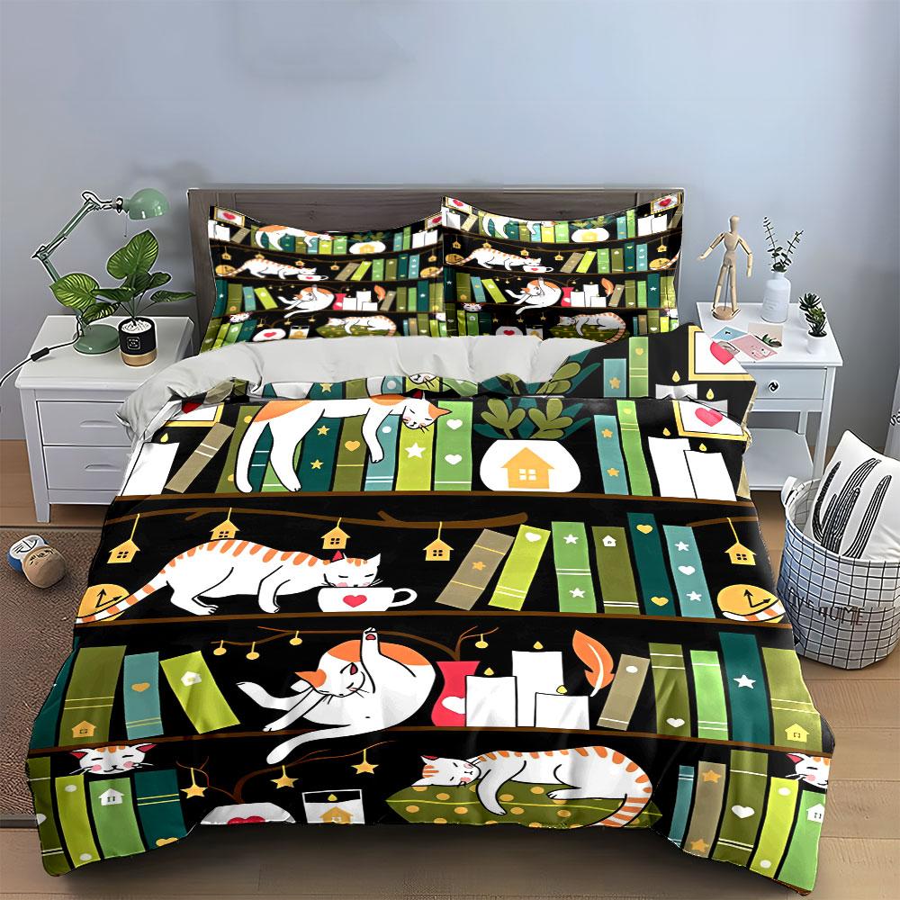 Süßes Katzen-Bücherregal-Deko-Set Mehrere Größen Kinder- und Schlafzimmer für Erwachsene Exquisites 3-teiliges Bettwäsche-Set, Geschenk