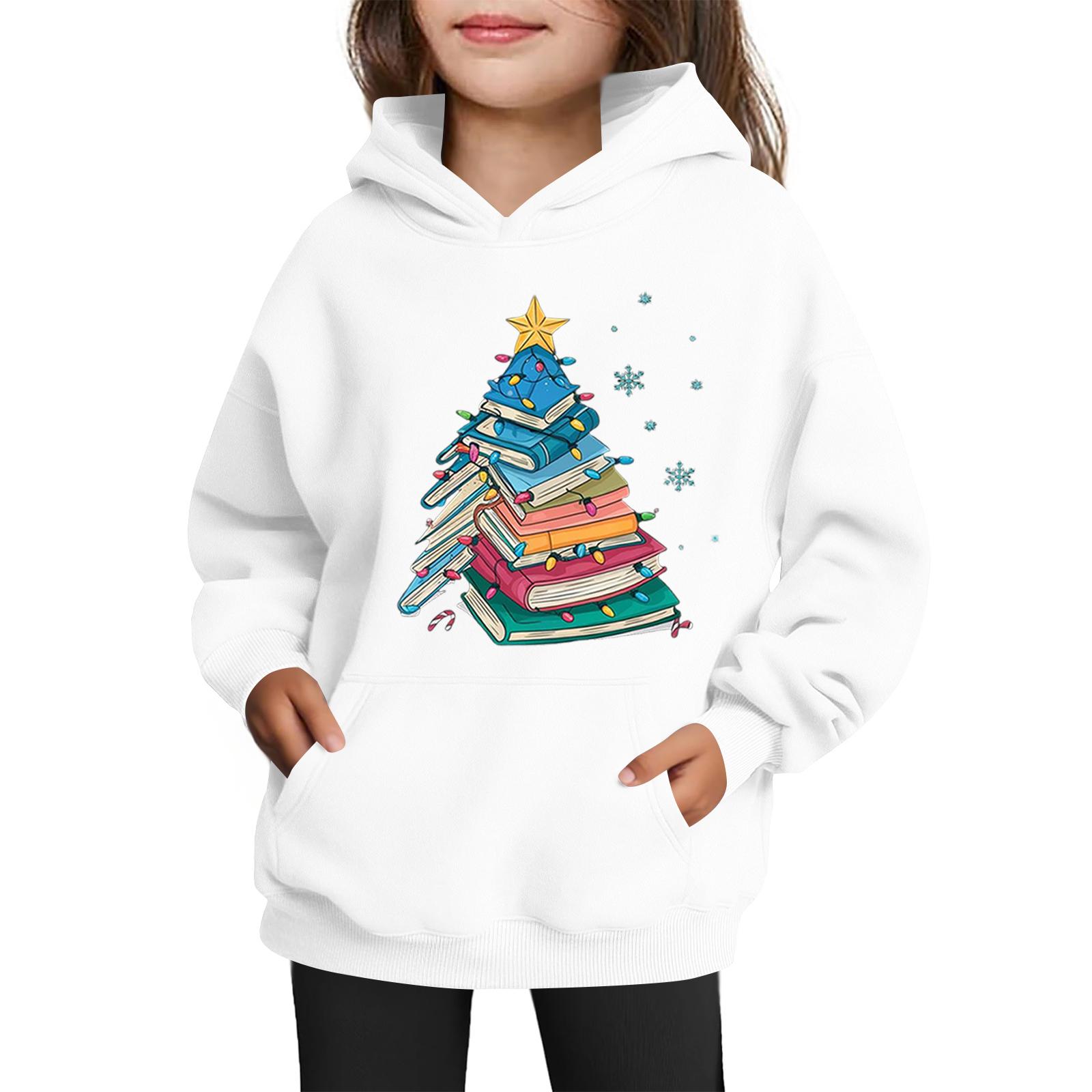 

Толстовки для девочек-подростков Худи с длинным рукавом на шнурке Пуловер Милое принтованное Худи оверсайз Рождество 130 белый