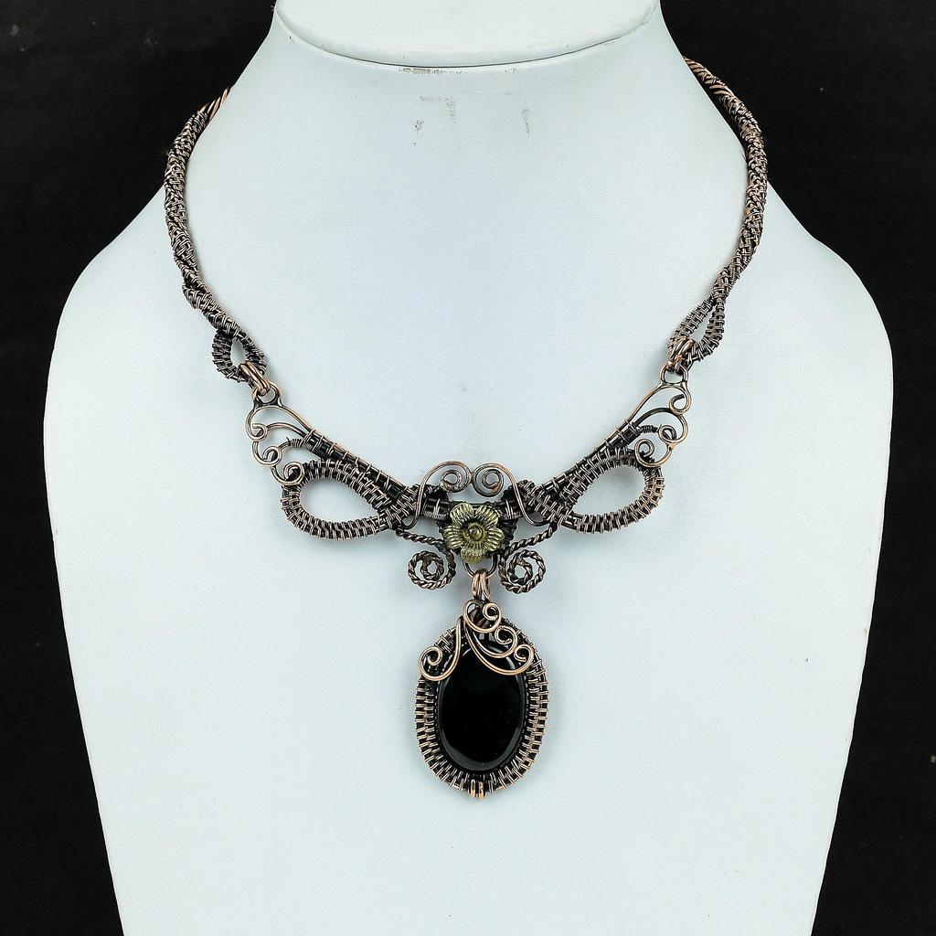 Black Onyx Necklace Handmade Jewelry, 999 Copper Wire Wrapped Necklace Designer Gemstone Jewelry Adjustable Chain Necklace