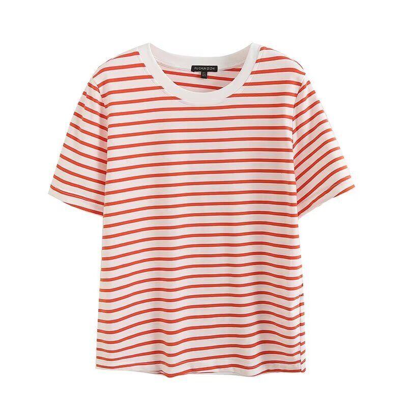 Fashion Style 2024 Women's Clothing Summer New Round Neck Basic Stripes Print Contrast Color Patchwork Short-Sleeved T-shirt 4 Colors