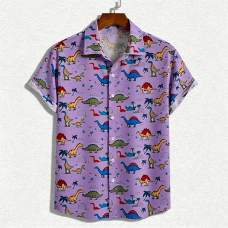 Men's Short Sleeved Shirt, European and American Casual Men's Shirt, Fun Dinosaur Pattern Short Sleeved Shirt, Youth Loose and V