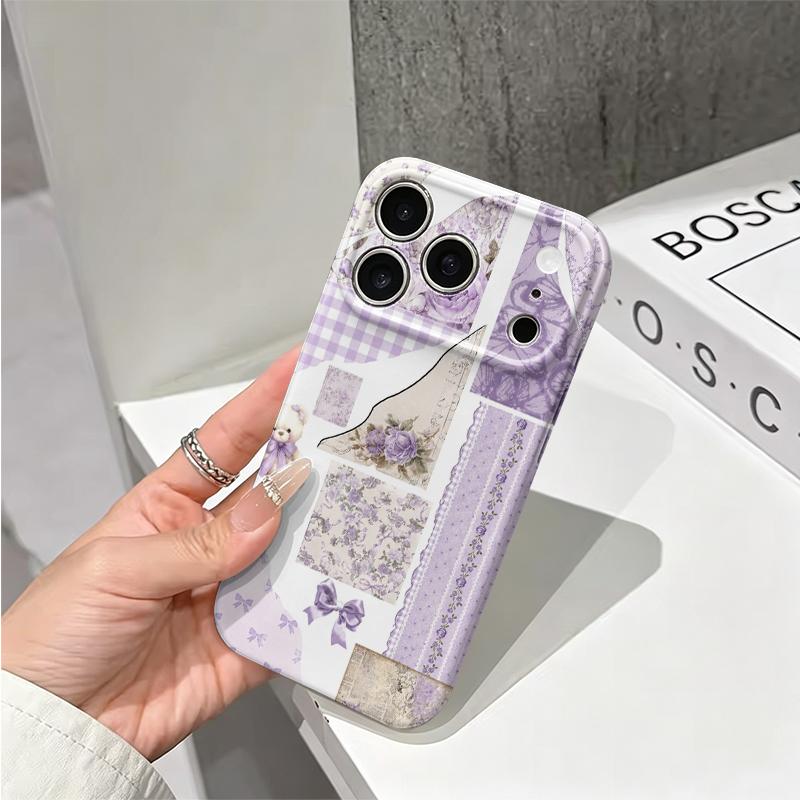 Charming Scrapbook Collage Lavender Floral Teddy Bear Ribbon Film Aesthetic Protective Shockproof Bumper Case Cover For iPhone 14 15 16 Pro Max Plus