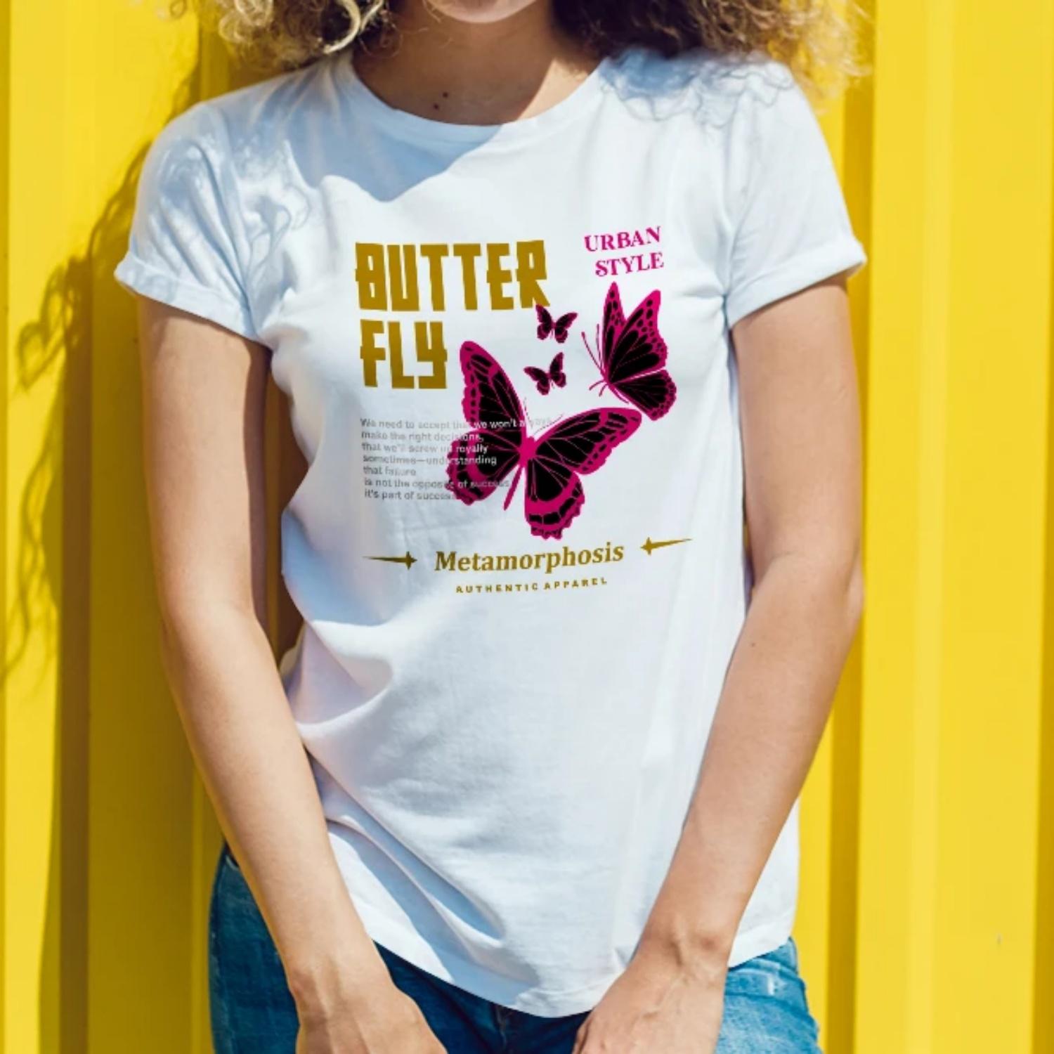 Women s round neck butterfly print T-shirt, casual and fashionable, comfortable women s T-shirt for summer S