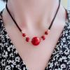 Red Agate Cinnabar Acacia Bean Necklace with Cat's Eye Gold Thread Clavicle Chain.