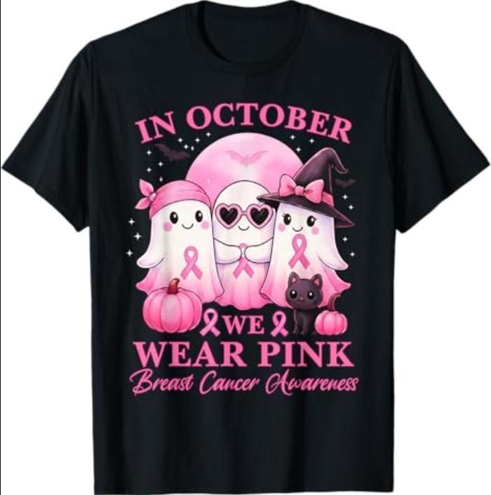 in October We Wear Pink Ghost Squad Breast Cancer Awareness T-Shirt