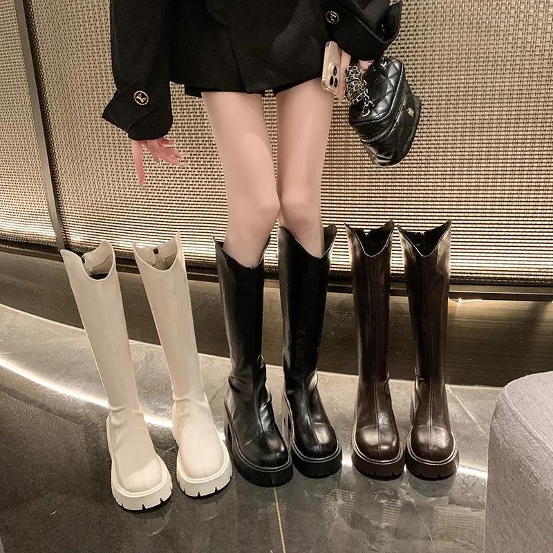 Autumn New High Quality Long Boots 2025 Fashion Versatile Heel Thick Bottom Solid Zip Round Toe Casual Concise Women's Boots