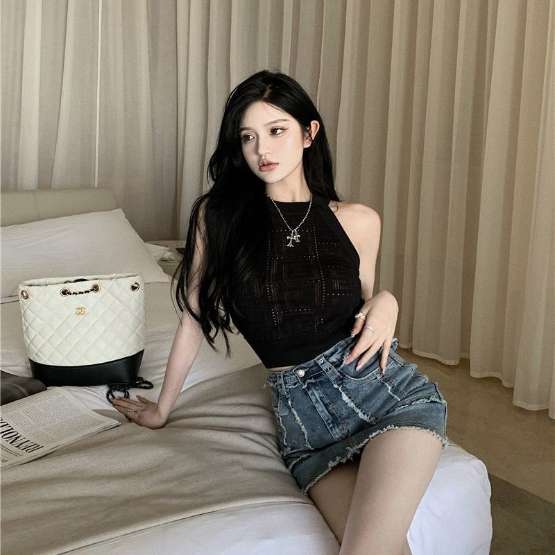 Halter Camisole Tank Top Women's Knitted Inner Wear Summer Elegant Sexy Hollow-out Slim Fit Versatile Short Top