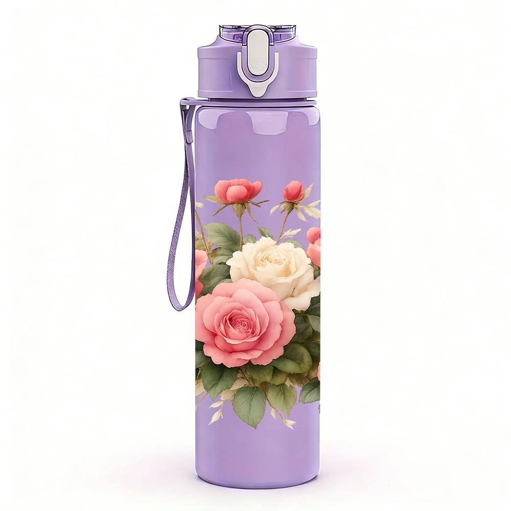 1PC Pink Rose Flower Bouquet Pattern 750ml Color Plastic Sports Water Bottle Leakproof Flip Straw Lid Suitable for Sports Office Home Use