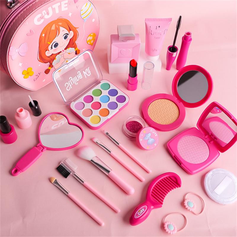 Rosa Simulation Mädchen Schönheits Spiel Spielzeug Kosmetiktasche Spielzeugset Lern-Make-up Nagellack Lippenstift Spielzeug für Kinder Mädchen Geschenke