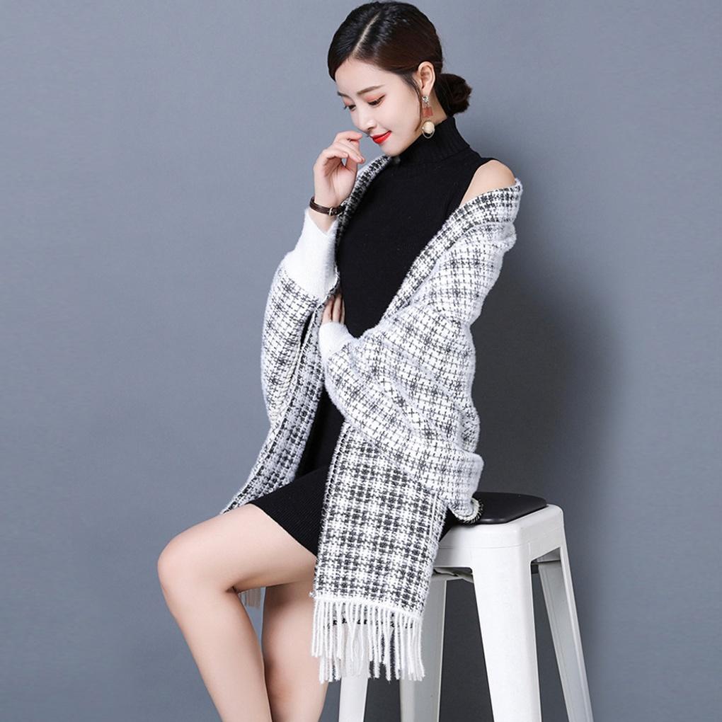 Cashmere Women's Tweed Pocket Cardigan Shawl Knit Cape