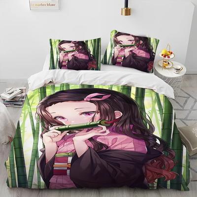 3Pc Anime Bedding Set Demon Slayer Bedding Set Printed Duvet Cover Beddingset Comfortable Breathable Luxury Sheet Cotton Bedding