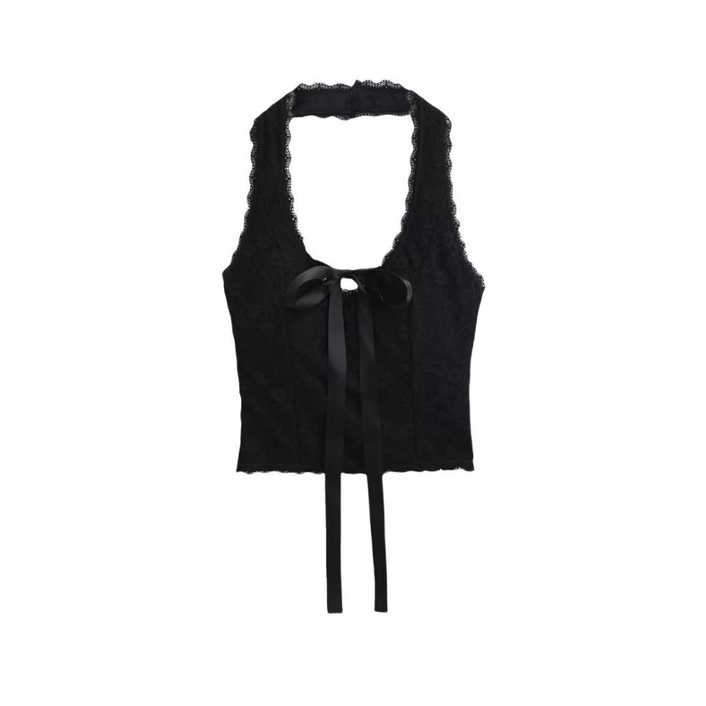 American-Style U-Neck Halter Bow Camisole with Chest Pads - Women's Lace Jacquard Slimming Top