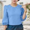 ZANZEA Women Casual Round Neck Solid Color 3/4 Sleeve Blouse