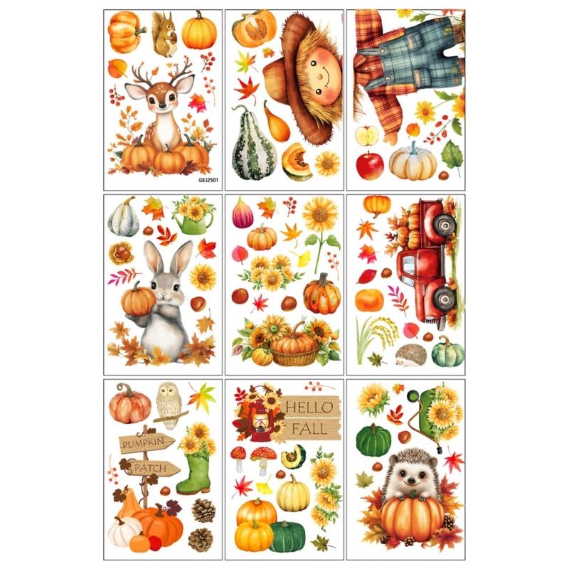 9 Sheets PVC Thanksgiving Glass Clings with Sunflowers, Pumpkins, Fall Message Signs and Animal Motifs for Smooth Glass Displays in Homes, Offices and