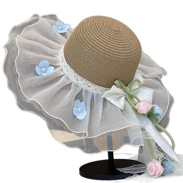 Summer Straw Hat For Women With Lace Bow Sun Protection Beach Vacation