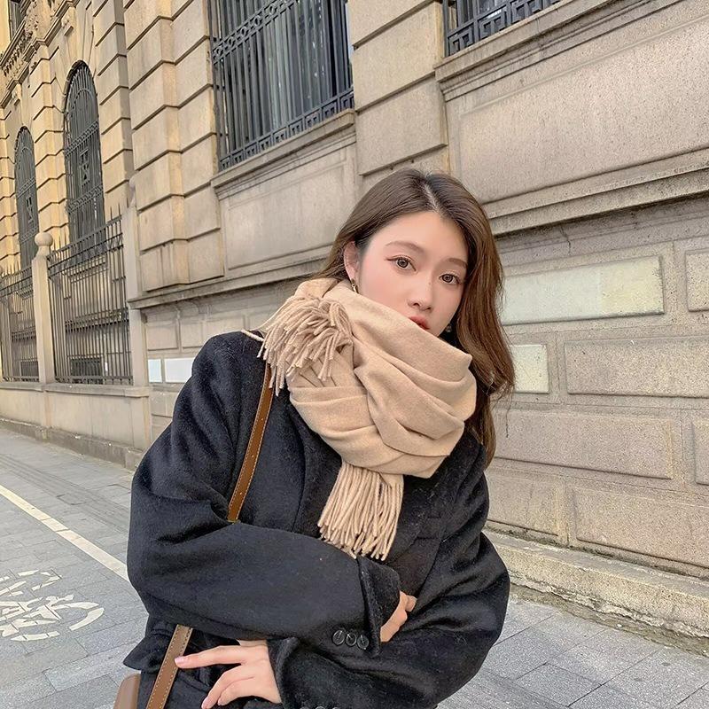 Imitation Cashmere Scarf Women's Autumn and Winter Warm Thickened Women's Winter Solid Color Monochrome Fringed High-end Shawl
