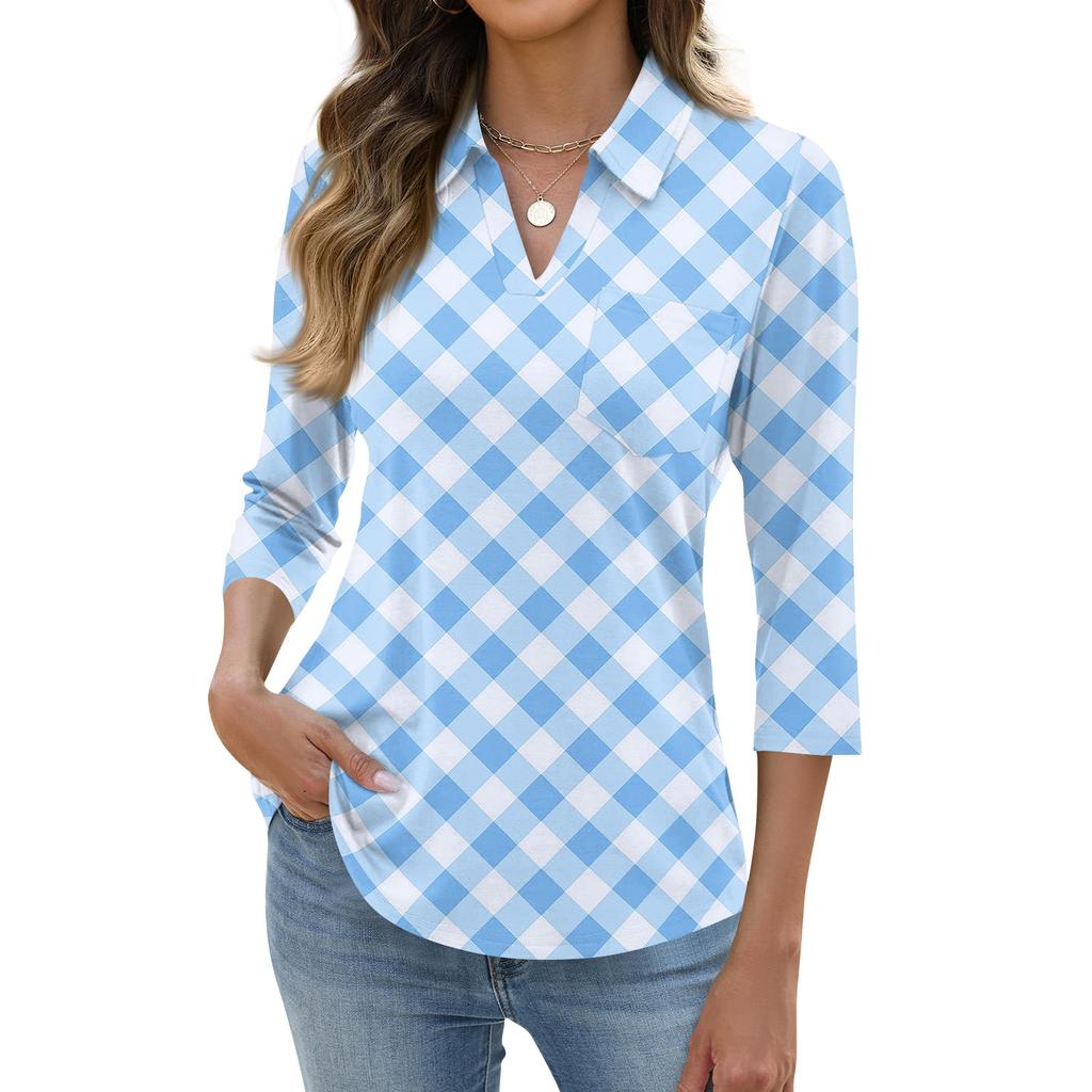 Women's Fashion Casual Lapel Short 3/4 Sleeve Print Shirt Women's Up Tops