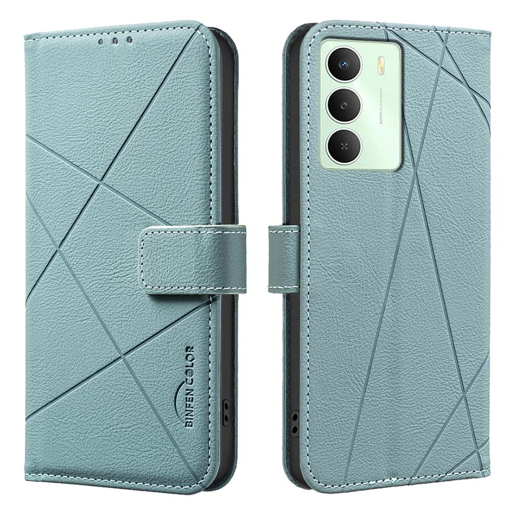 

For Realme 14x 5G Case BINFEN COLOR BF35 Geometry Imprinted Leather Phone Cover RFID Blocking Wallet Stand Green