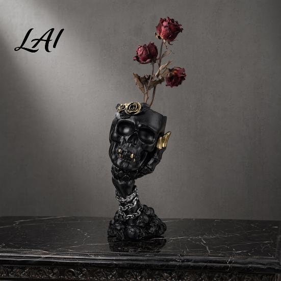 Skull And Rose Sculpture Hear No Evil Speak See Evil Vase Resin Ornament with Dark Themed Home Decor Decor Halloween Gothic Skeleton Display