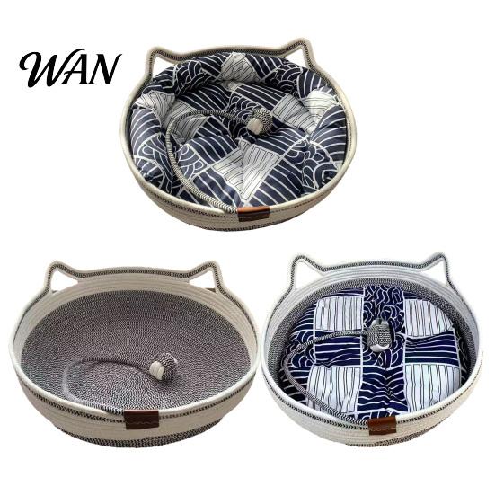 All Season Cat Bed Woven Basket Cotton Rope Handwoven with Ears Soft Sleeping Nest Toy Ball Breathable Pet for Indoor Medium Large Cats Seasons