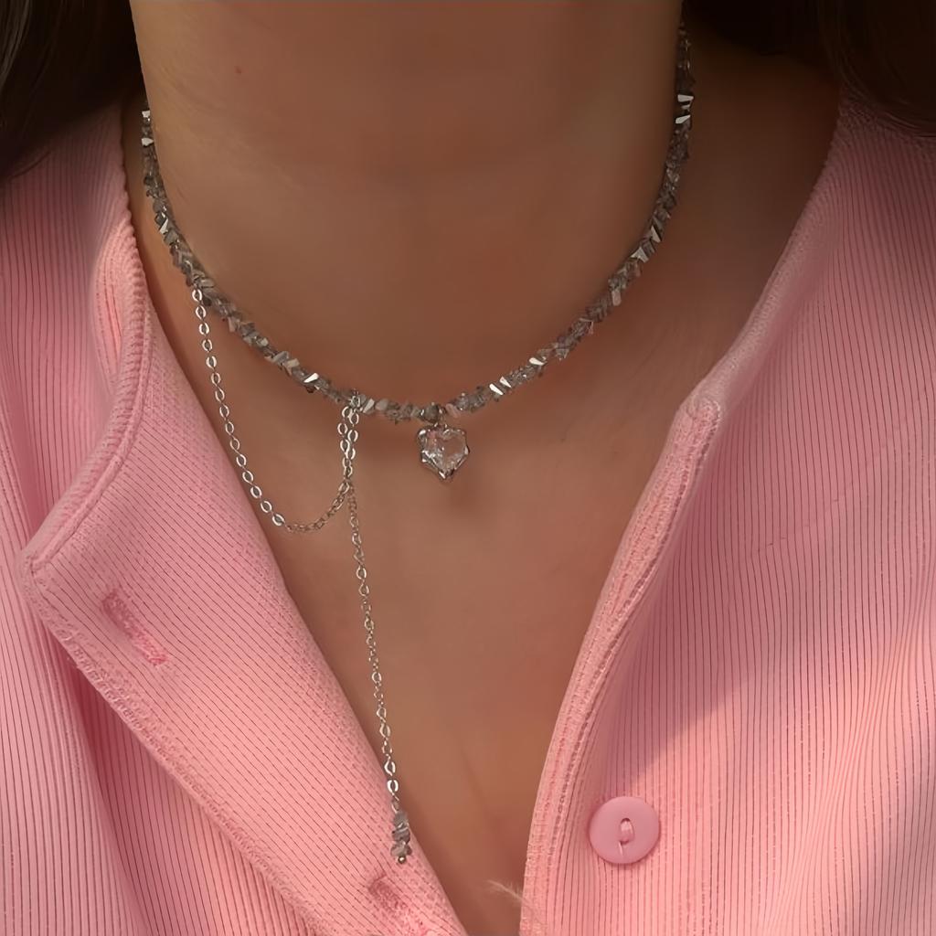 Nuova Collana con Perline a Forma di Cuore Y2K Donna Boho Cristallo Classe Ghiaia Catena Clavicola Choker Cool Y2K Gioielli di Moda Raffinati