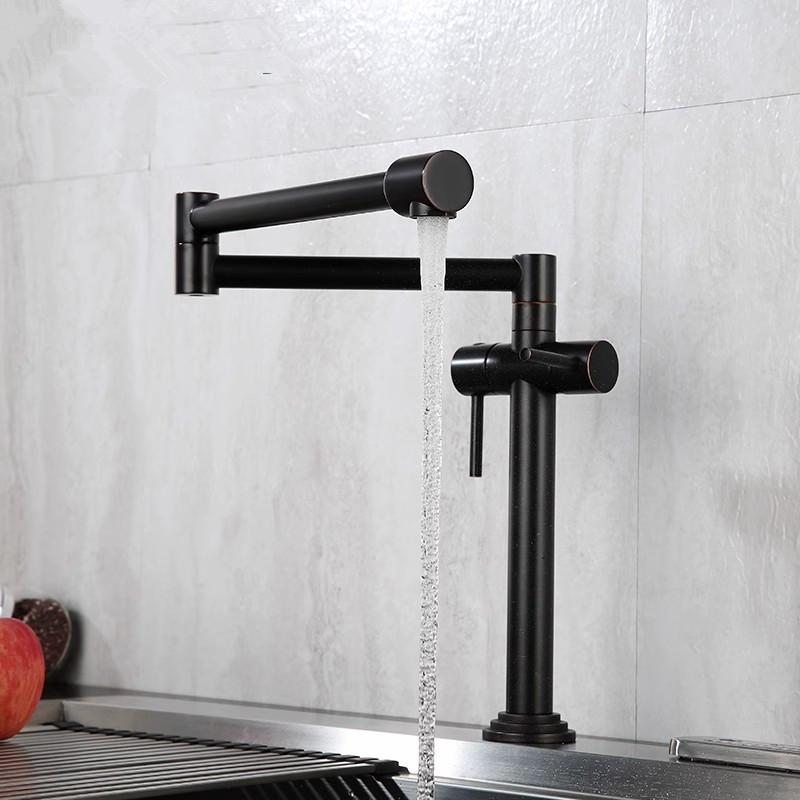 Tuqiu Brushed Gold Pot Filler Tap Deck Mounted Foldable Black Kitchen Faucet Hot Cold Sink Tap Rotate Folding Spout Gold Brass